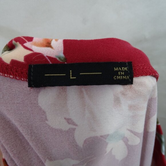 Floral Red Midi Dress With Elastic Waist Women Size L Short Sleeve Pocket FLAW - Picture 6 of 12